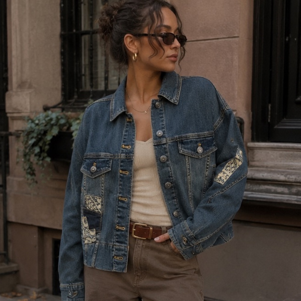 Charlie B Patchwork Cotton Blend Denim Jean Jacket - M